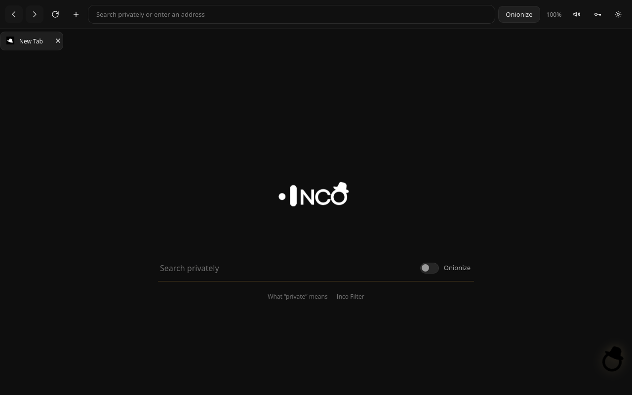 Inco new tab page with the Inco logo, a private search box and the Onionize switch