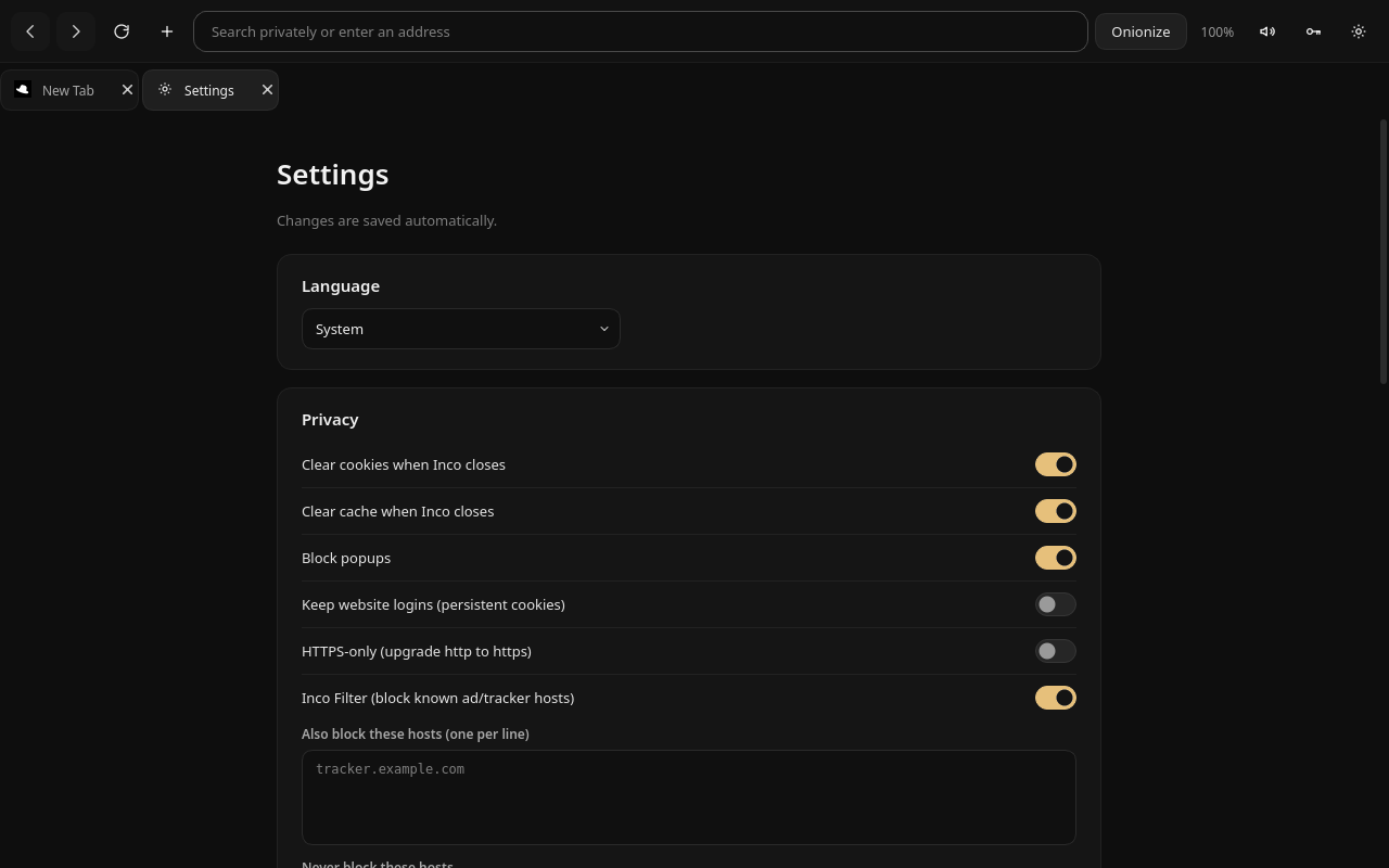 Inco settings with language and privacy switches for cookies, cache, popups, logins, HTTPS-only and Inco Filter